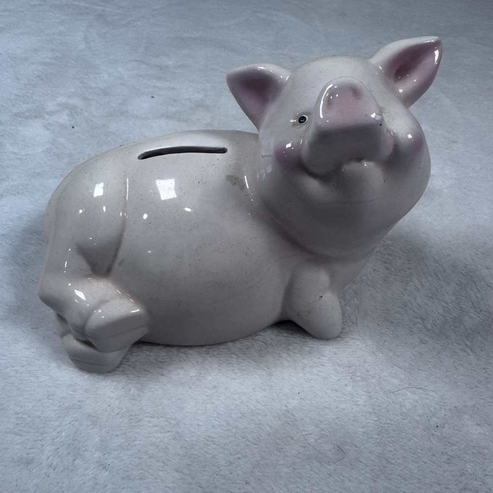 Ceramic Piggy Bank Coin‎ Money Box Cute White Pink Pig Figurine 6 Inch Decor